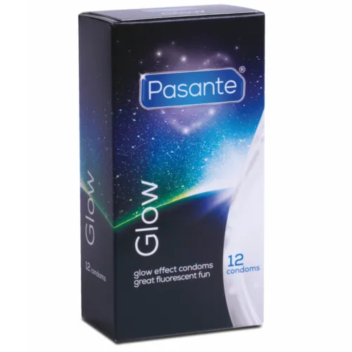 Box of 12 glow-in-the-dark condoms from Pasante, with a fluorescent effect for fun in the dark.