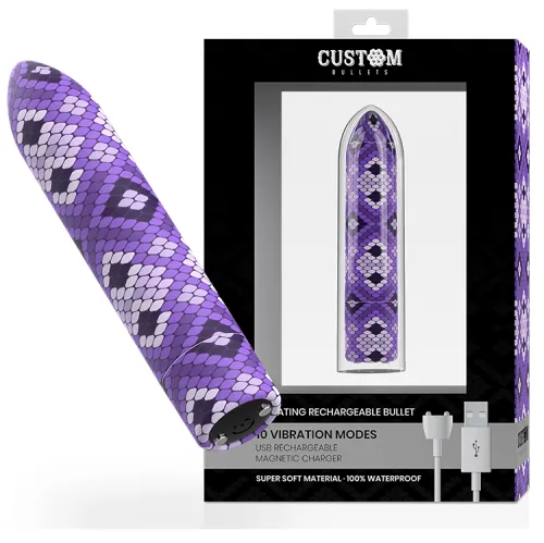 Purple vibrating device with snake pattern, packaging shows 10 vibration modes, USB rechargeable, waterproof.