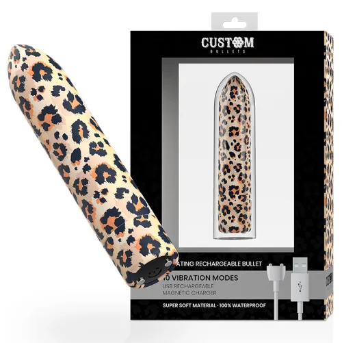 Vibrating device with leopard print pattern, packaging shows USB charging cable, 10 vibration modes, waterproof.