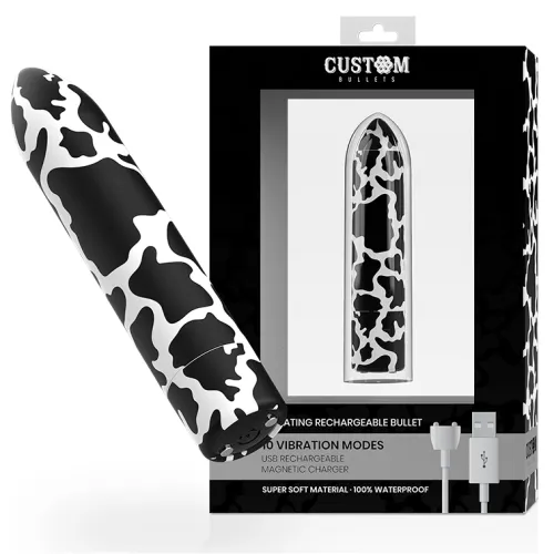 Schwarz-weißer Vibrator mit Kuhmuster, verpackt in einer Box mit USB-Ladekabel, 10 Vibrationsmodi, wasserdicht.