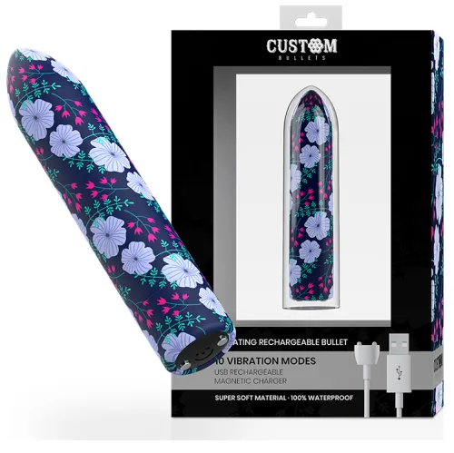 Vibrating device with floral pattern, USB rechargeable, 10 modes, waterproof, in packaging.