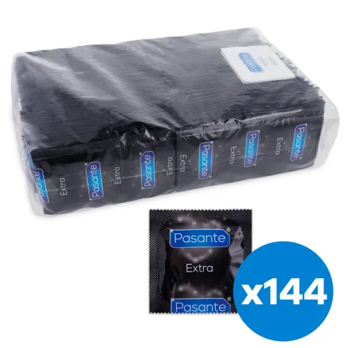 Packung mit 144 Pasante Extra Kondomen, schwarze Verpackung, Nahaufnahme eines einzelnen Kondoms.