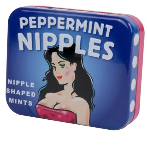 Blue metal tin with the inscription "Peppermint Nipples" and a drawing of a woman in a red dress.