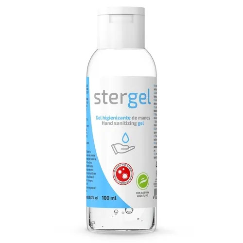 Transparente Flasche mit Stergel Handdesinfektionsgel, 100 ml, mit Aloe Vera, antibakteriell.
