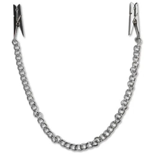 Silver chain with two clips at the ends, on a white background.