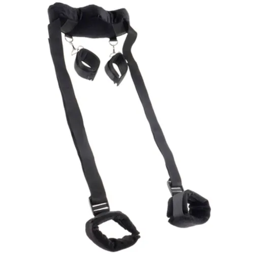 Black adjustable restraints with padded cuffs and straps, suitable for bondage games.