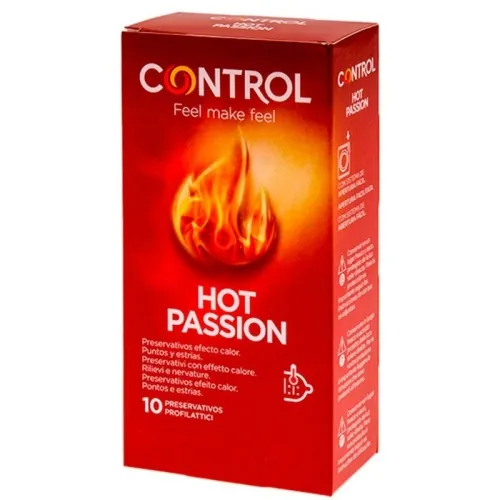 Red packaging of Control Hot Passion condoms with a flame motif and text in several languages.