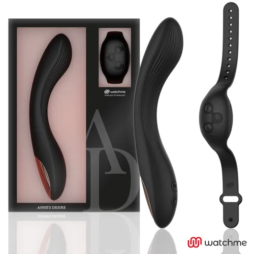 Schwarzer Vibrator und Fernbedienung in Verpackung, Marke "watchme", Modell "Anne's Desire".