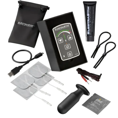 Elektrostimulationsgerät mit Zubehör: Kabel, Elektroden, Gel, Tasche, Schlaufen und Plug.