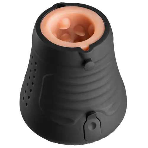 Black, cone-shaped device with a beige, textured inner surface and buttons on the outside.