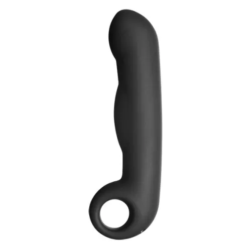 Black, curved silicone toy with handle loop, shown from the side.
