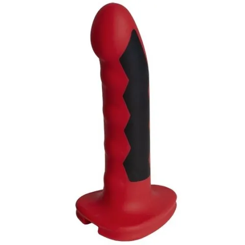 Red and black silicone toy with a textured surface and wide base.