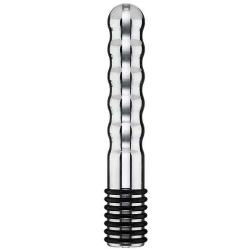 Silver, ribbed metal object with a black, ribbed handle.