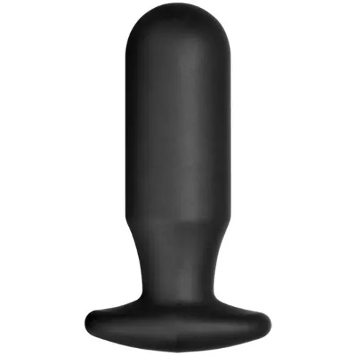 Schwarzer, zylindrischer Silikon-Buttplug mit breitem Sockel, aufrecht stehend.