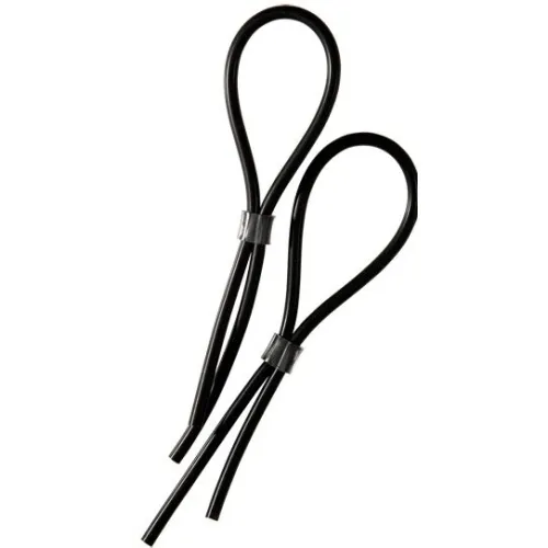 Zwei schwarze, flexible Schlaufen mit silbernen Clips, auf weißem Hintergrund.