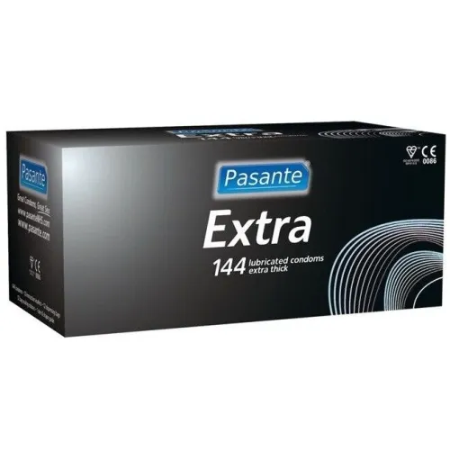 Schwarze Verpackung von Pasante Extra, 144 extra dicke, gleitfähige Kondome.