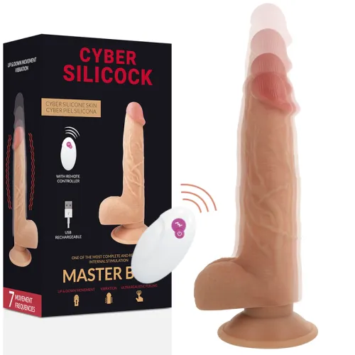Packaging and product of a remote-controlled, skin-colored vibrator with USB charging function and movement frequencies.