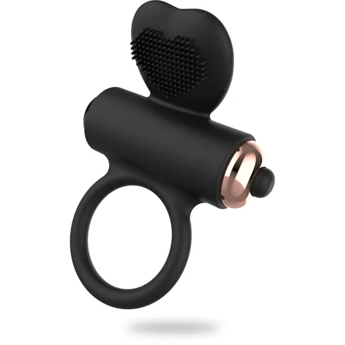 Black silicone ring with heart shape and textured nubs, gold accents, isolated on a white background.
