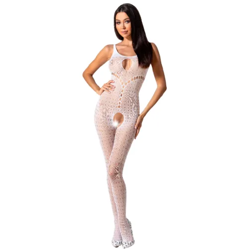 Woman in a white, patterned catsuit with cut-outs, posing in front of a white background.