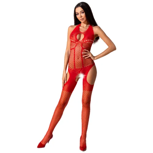 Woman in red mesh bodysuit with cut-outs and red high heels against a white background.