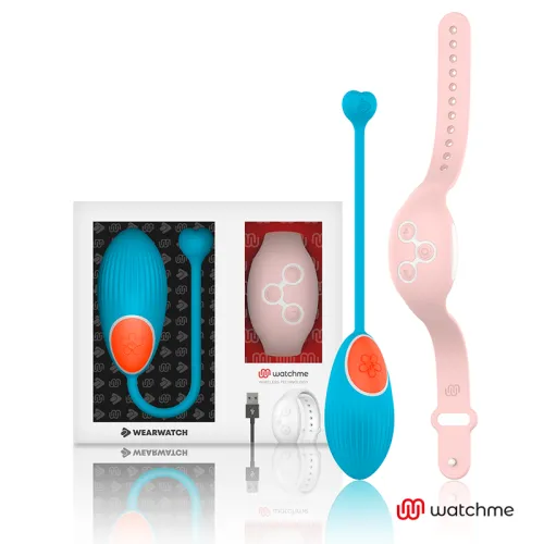 Packaging and products from Wearwatch and Watchme, including blue device and pink strap.