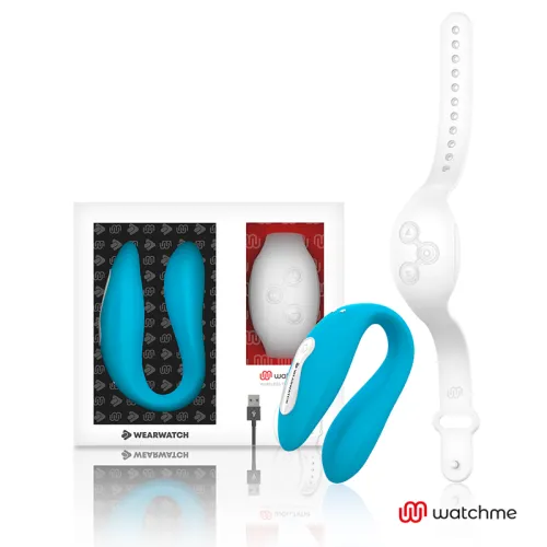 Blue wearable device with packaging, USB cable, and white wristband. Brand: Watchme.