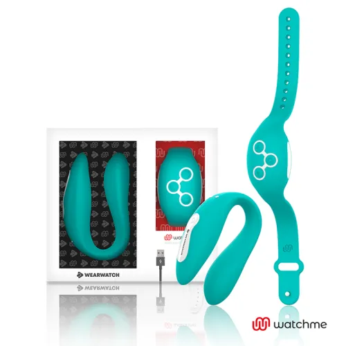 Turquoise wearable set with packaging and USB cable, brand "watchme".