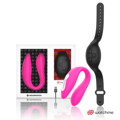 Pink wearable with black wristband and USB cable, packaged in a box.