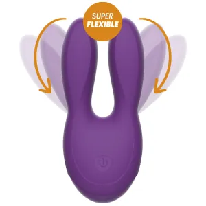 Lila, flexibler Vibrator mit zwei Armen und einem Power-Button, umgeben von Pfeilen und 