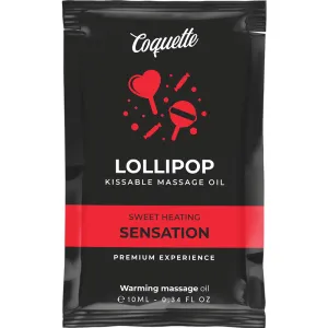 Schwarze Verpackung von Coquette Lollipop Massageöl, 10 ml, mit roten Lollipop-Grafiken und Text 