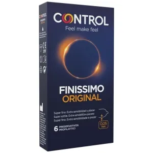 Packaging of Control Finissimo Original condoms, 6 pieces, 0.05 mm thin, dark blue design with a luminous ring.