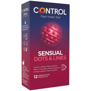 Verpackung von Control Sensual Dots & Lines Kondomen, 12 Stück, mit rotem Design und Text in mehreren Sprachen.