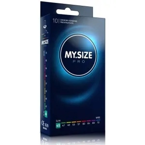 Verpackung von MY.SIZE Pro Kondomen, Größe 45, mit Größenübersicht von 45 bis 72 auf der Seite.