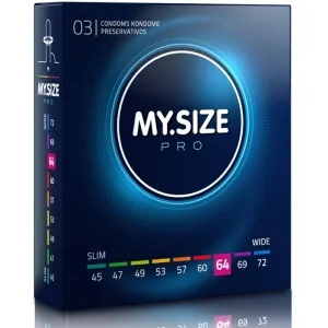 Verpackung von My.Size Pro Kondomen, Größe 64, mit verschiedenen Größenoptionen von 45 bis 72 mm auf der Seite.