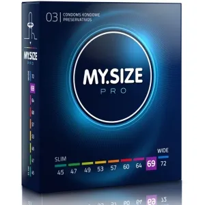 Verpackung von MY.SIZE Pro Kondomen, Größe 69, mit Größenübersicht von 45 bis 72 mm auf der Seite.