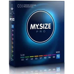Verpackung von My.Size Pro Kondomen, Größe 72, mit verschiedenen Größenoptionen von 45 bis 72 auf der Seite.