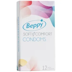 Verpackung von Beppy Soft Comfort Kondomen, 12 Stück, mit buntem Design.