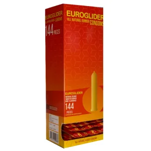 Rote Verpackung mit 144 Euroglider Kondomen aus Naturkautschuk, glatte Oberfläche, nicht aromatisiert.
