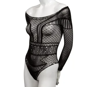 Black, long-sleeved mesh bodysuit on a mannequin, with geometric patterns and transparent design.