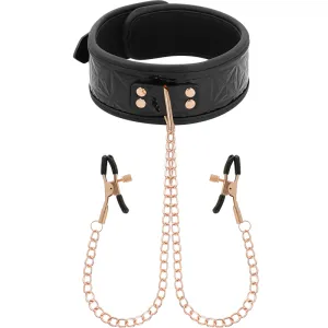 Schwarzes Halsband mit goldenen Ketten und Klammern, auf weißem Hintergrund.