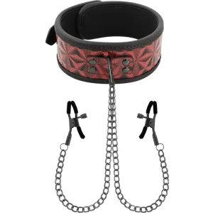Rotes Halsband mit schwarzem Muster und Ketten, die zu zwei schwarzen Klammern führen.