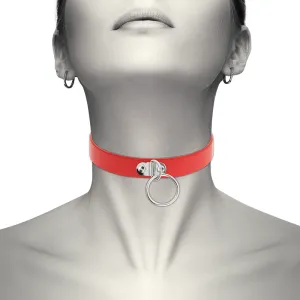 Person mit rotem Halsband und silbernem Ring, Kopf leicht nach oben geneigt, monochromes Bild.