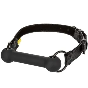 Schwarzes Hundehalsband mit Griff und Metallringen, verstellbar mit Klettverschluss.