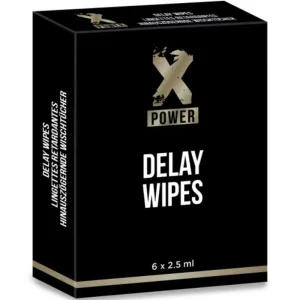 Schwarze Verpackung mit der Aufschrift "X Power Delay Wipes", 6 x 2,5 ml.