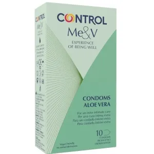 Packung Control Me&V Kondome mit Aloe Vera, 10 Stück, vegan, grün-weißes Design.