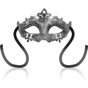 Silberne venezianische Maske mit schwarzen Bändern, verziert mit floralen Mustern und einem zentralen Ornament.