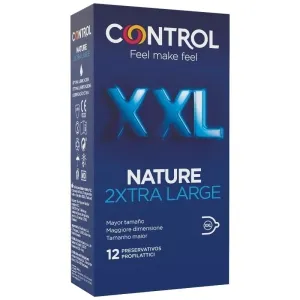 Packung Control XXL Nature Kondome, 12 Stück, blaue Verpackung, Text in mehreren Sprachen.