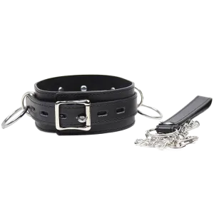 Schwarzes Lederhalsband mit Metallschnalle und Kette, auf weißem Hintergrund.