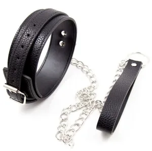 Black leather collar with silver chain and matching wrist strap on a white background.