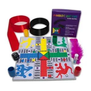 Erotisches Brettspiel-Set mit Würfeln, Spielfiguren, Augenbinde, Feder und Spielbrett mit farbigen Feldern und Silhouetten.